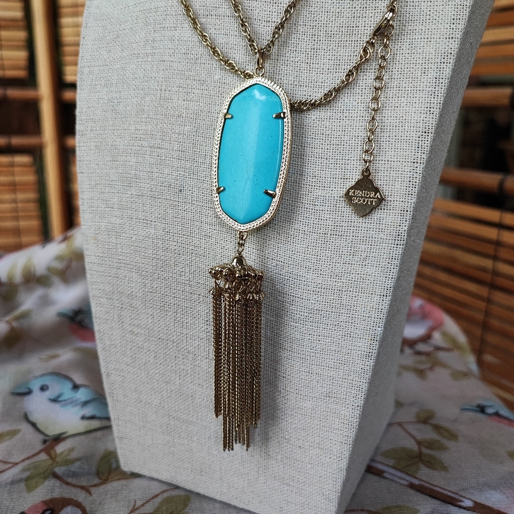Kendra Scott Necklace Gold Tone Tassel Chain Faux Turquoise Stone MINOR FLAW